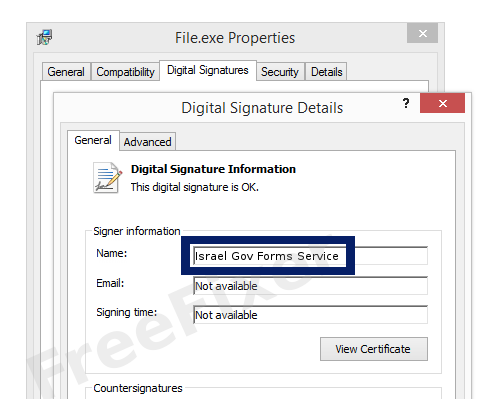 Screenshot of the Israel Gov Forms Service certificate